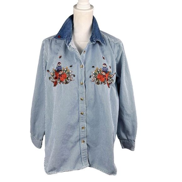 Vintage Fall Teddy Bears Pumpkins Denim Striped Button Up Shirt 14W 16W Leaves - Picture 1 of 11